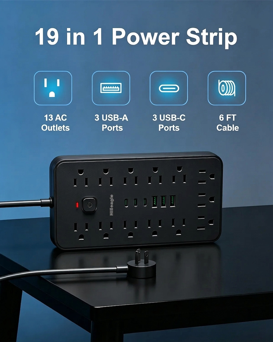 Hilleagle 19-in-1 Power Strip with 13 AC Outlets & 6 USB Ports, Surge Protector with 6ft Flat Plug Cable | Black