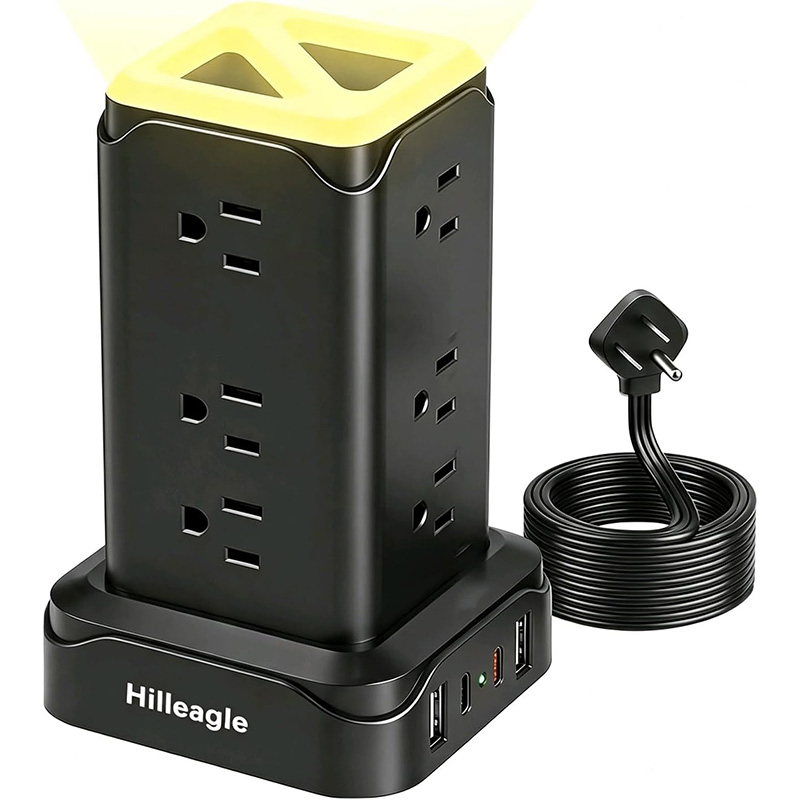 Hilleagle 16-in-1 Power Strip Tower | Smart Charging Station With LED Night Light