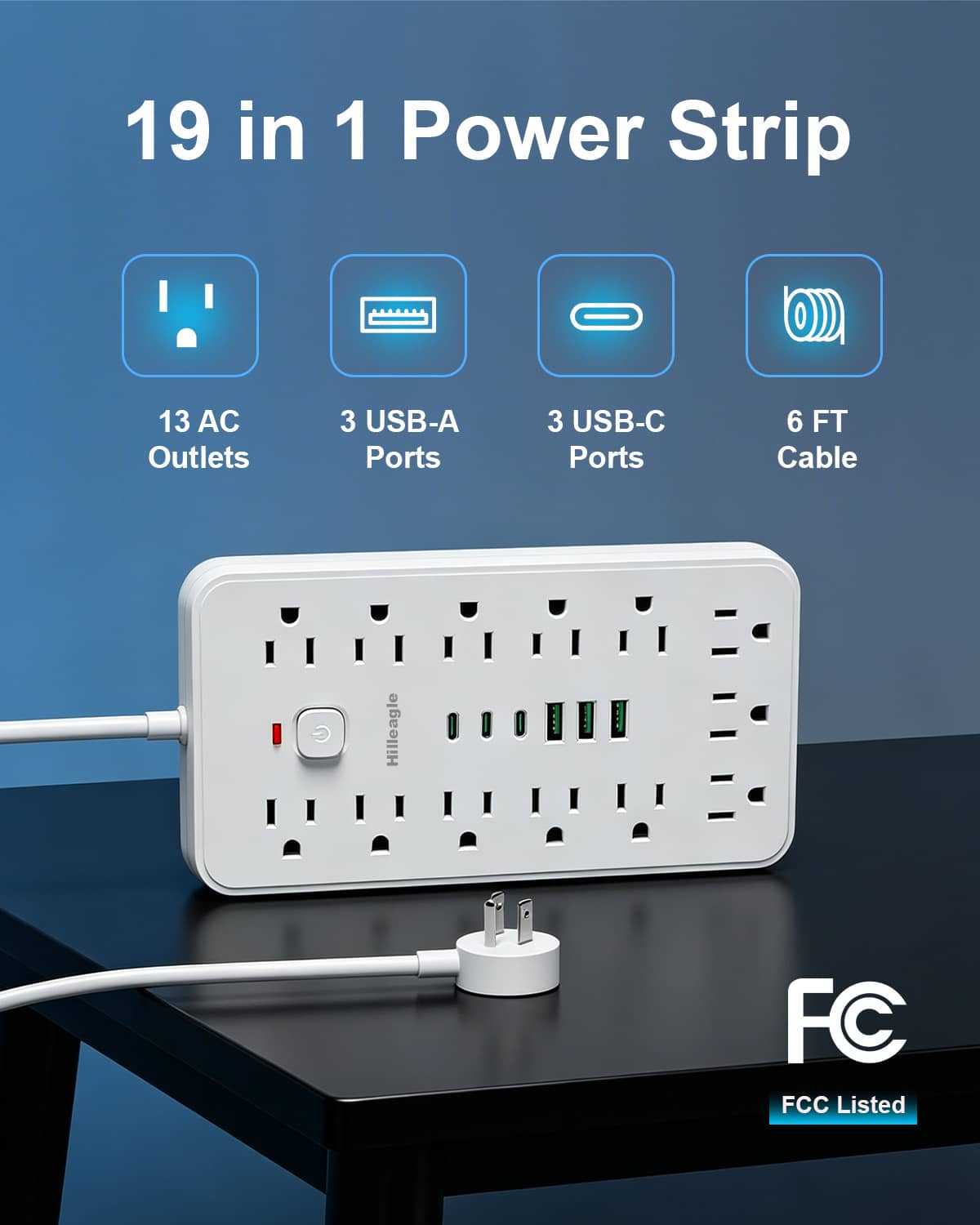 Hilleagle Power Strip with 2000J Surge Protector, 13 AC Outlets, 3 USB C, 3 USB A