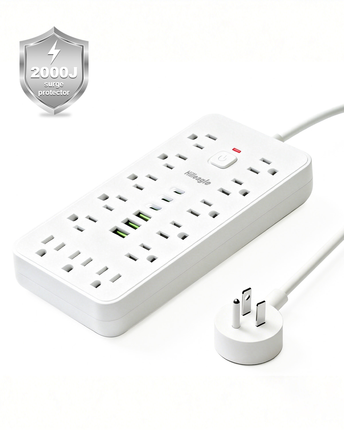 Hilleagle 19-in-1 Power Strip with 13 AC Outlets & 6 USB Ports, Surge Protector with 6ft Flat Plug Cable | White