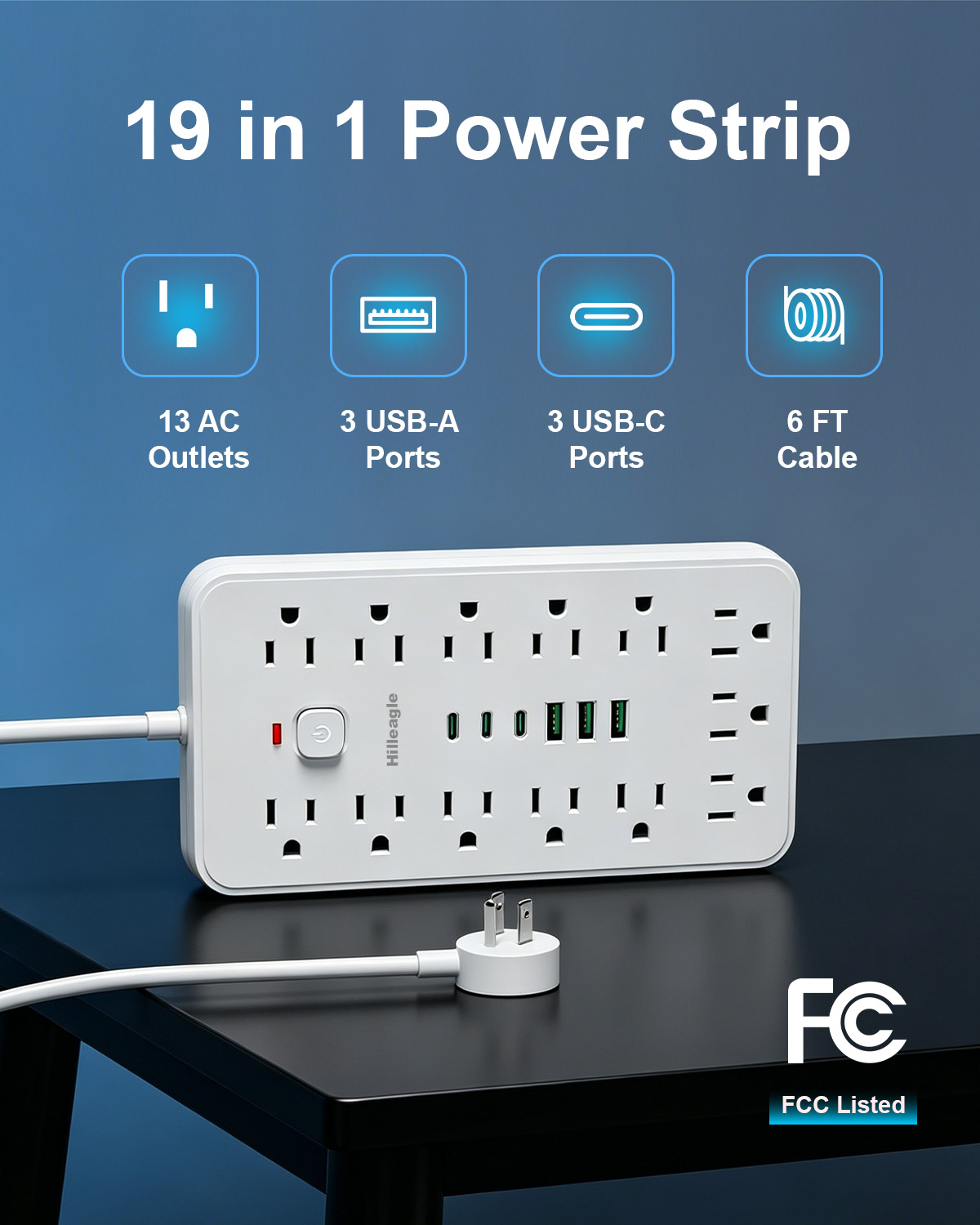 Hilleagle 19-in-1 Power Strip with 13 AC Outlets & 6 USB Ports, Surge Protector with 6ft Flat Plug Cable | White