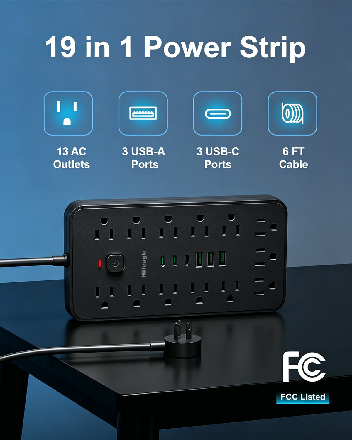 Hilleagle 19-in-1 Power Strip with 13 AC Outlets & 6 USB Ports, Surge Protector with 6ft Flat Plug Cable | Black