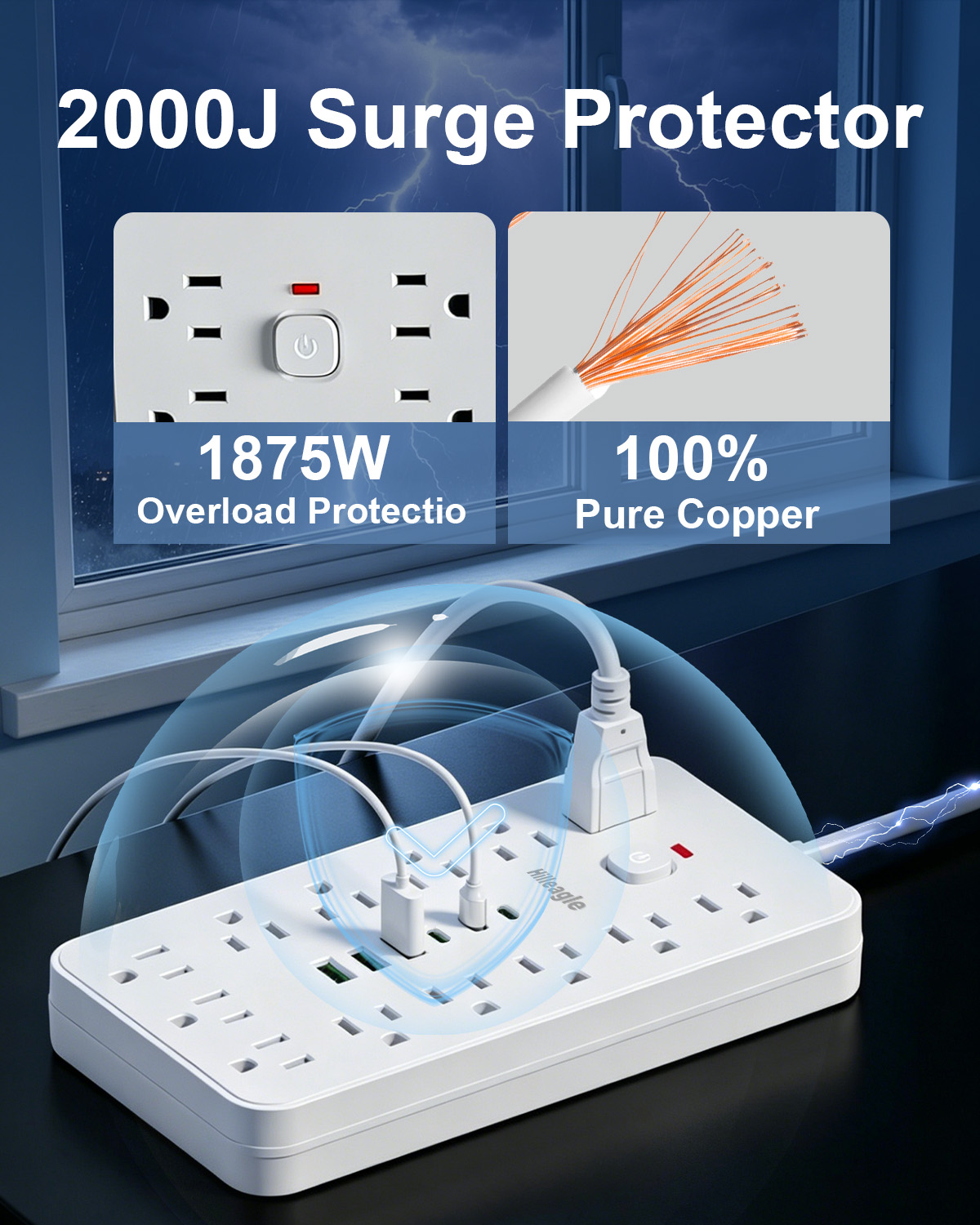 Hilleagle 19-in-1 Power Strip with 13 AC Outlets & 6 USB Ports, Surge Protector with 6ft Flat Plug Cable | White