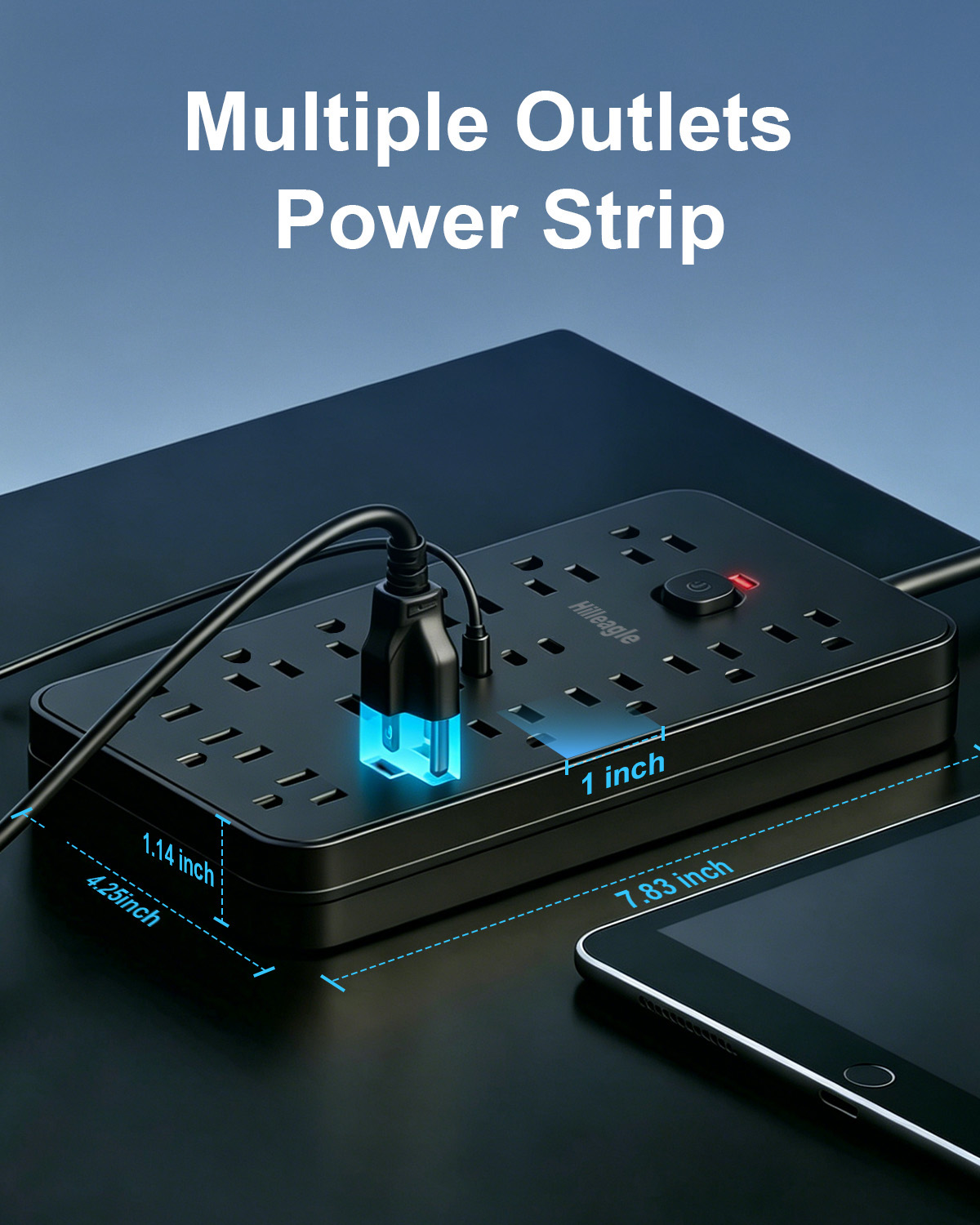 Hilleagle 19-in-1 Power Strip with 13 AC Outlets & 6 USB Ports, Surge Protector with 6ft Flat Plug Cable | Black