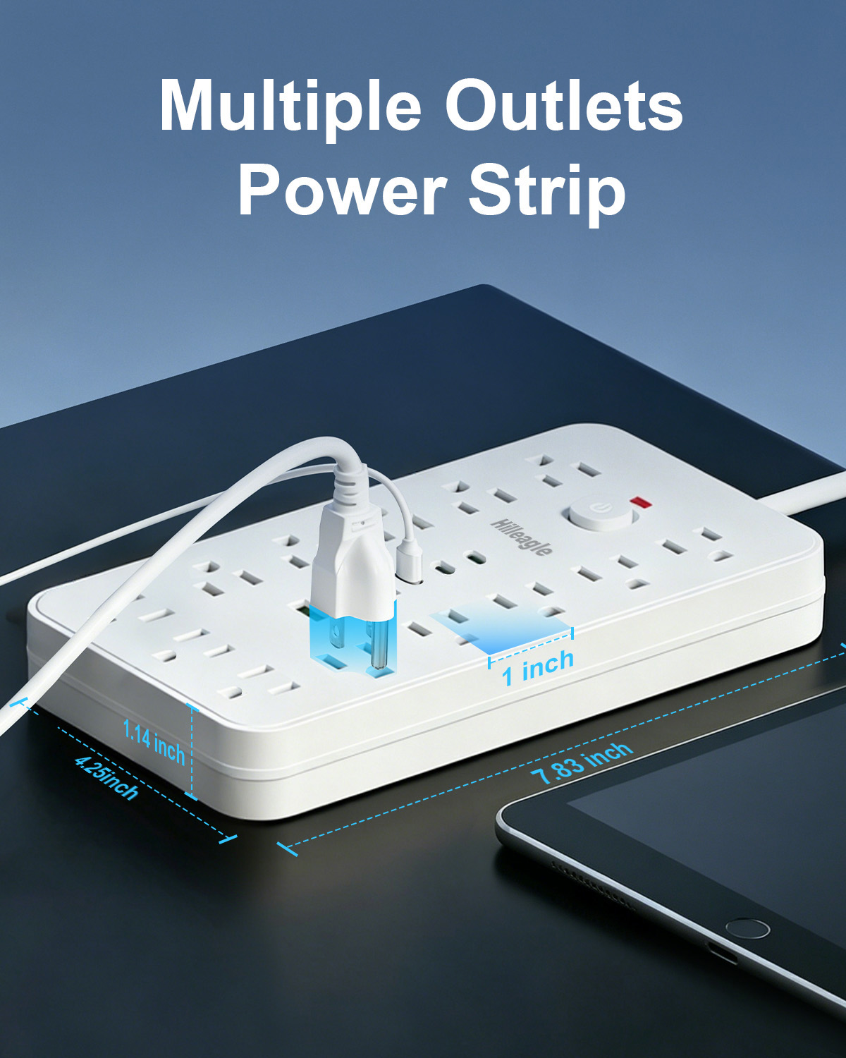 Hilleagle 19-in-1 Power Strip with 13 AC Outlets & 6 USB Ports, Surge Protector with 6ft Flat Plug Cable | White