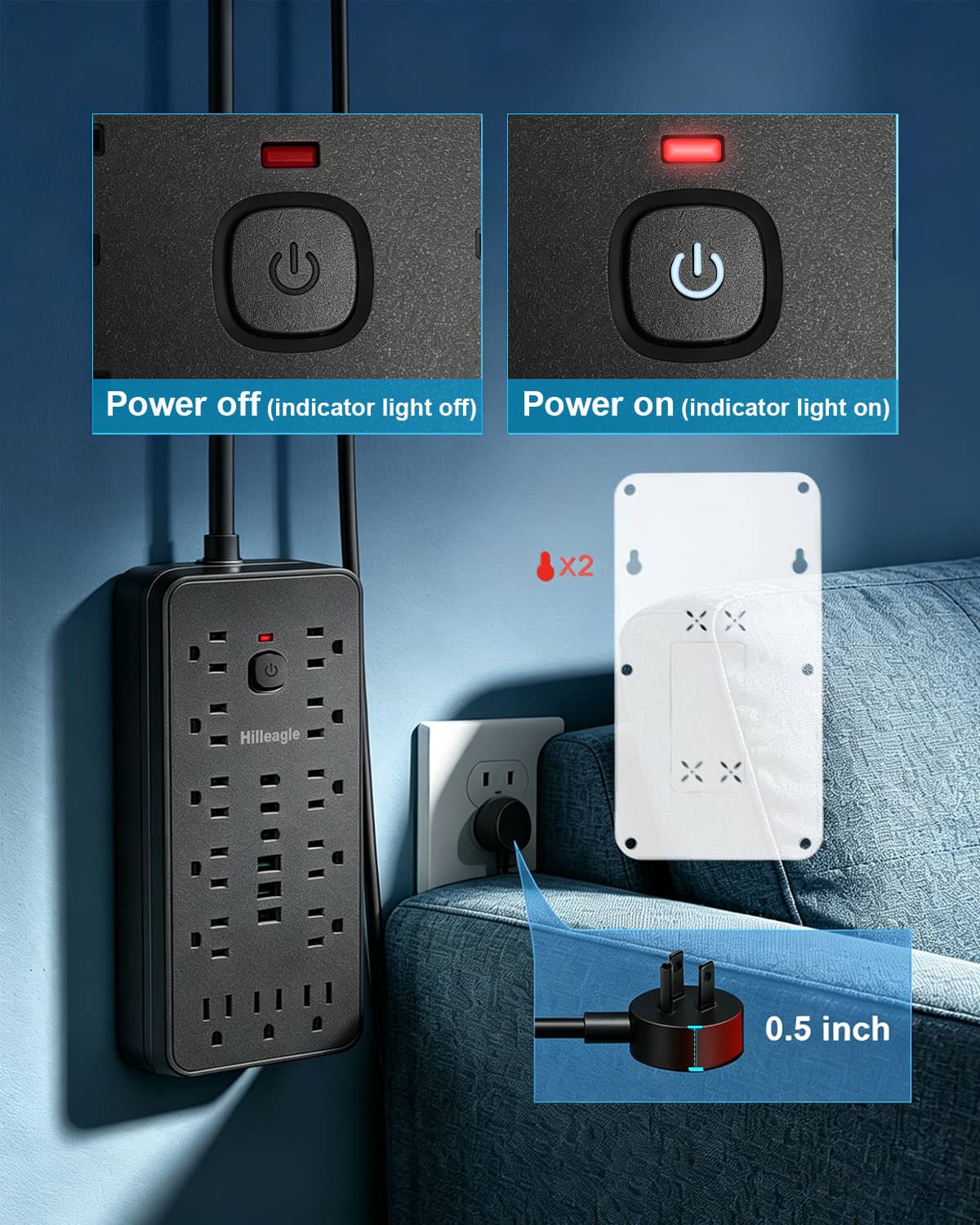 Hilleagle Power Strip with 2000J Surge Protector, 13 AC Outlets, 3 USB C, 3 USB A