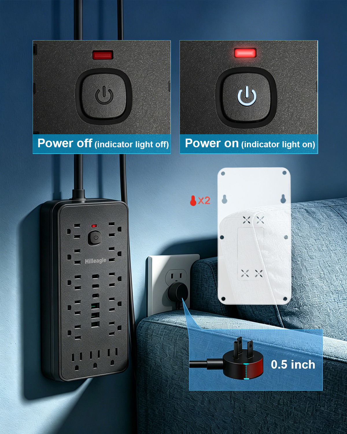 Hilleagle 19-in-1 Power Strip with 13 AC Outlets & 6 USB Ports, Surge Protector with 6ft Flat Plug Cable | Black