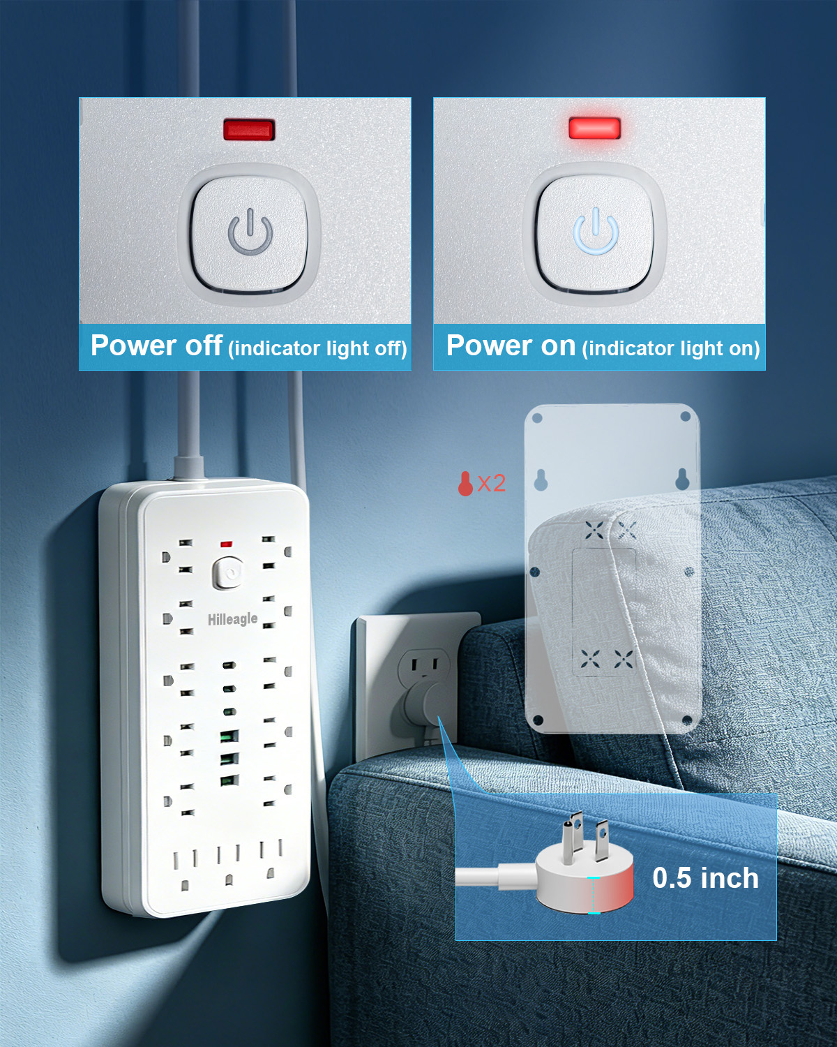 Hilleagle 19-in-1 Power Strip with 13 AC Outlets & 6 USB Ports, Surge Protector with 6ft Flat Plug Cable | White