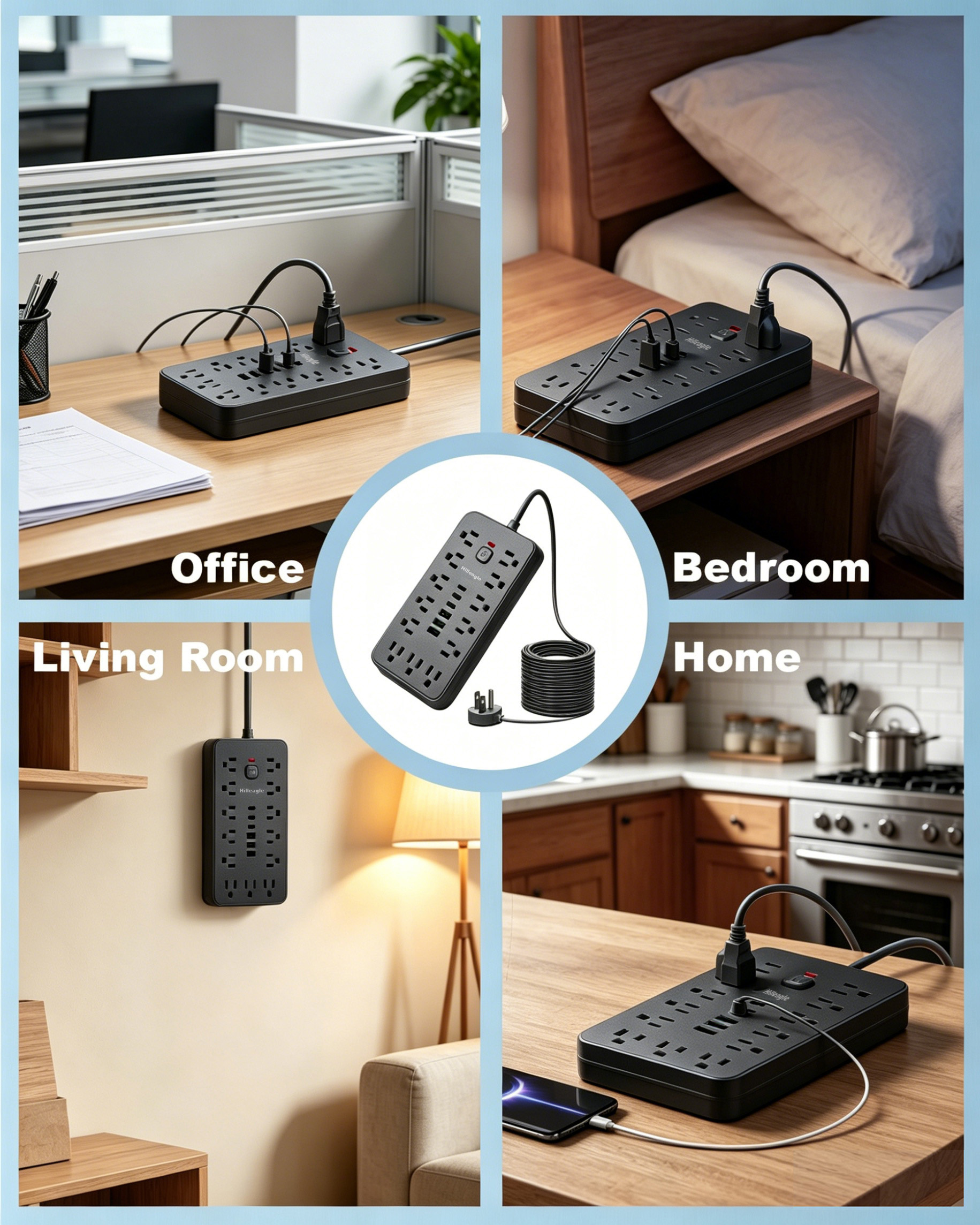 Hilleagle 19-in-1 Power Strip with 13 AC Outlets & 6 USB Ports, Surge Protector with 6ft Flat Plug Cable | Black
