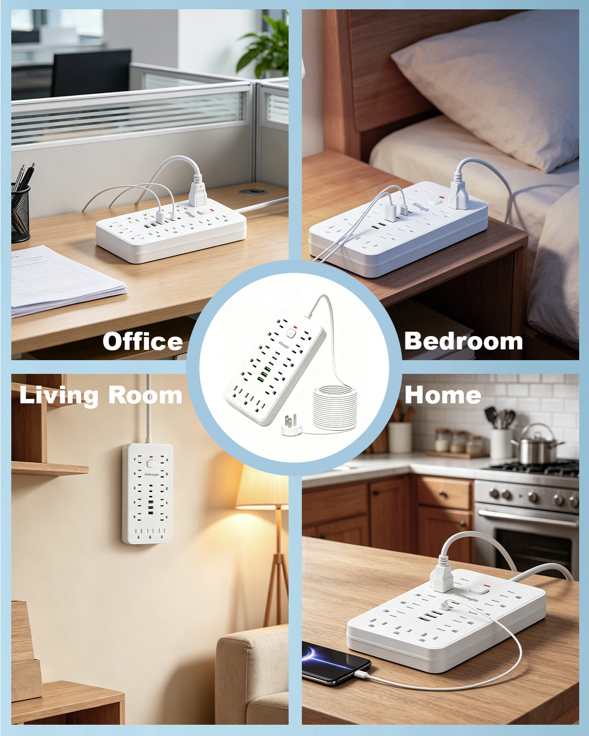 Hilleagle 19-in-1 Power Strip with 13 AC Outlets & 6 USB Ports, Surge Protector with 6ft Flat Plug Cable | White