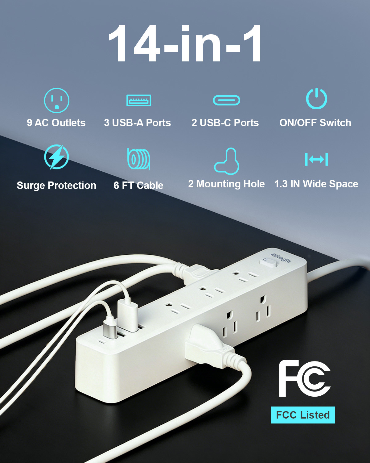 Hilleagle 14-in-1 Surge Protector Power Strip with USB Charging | White