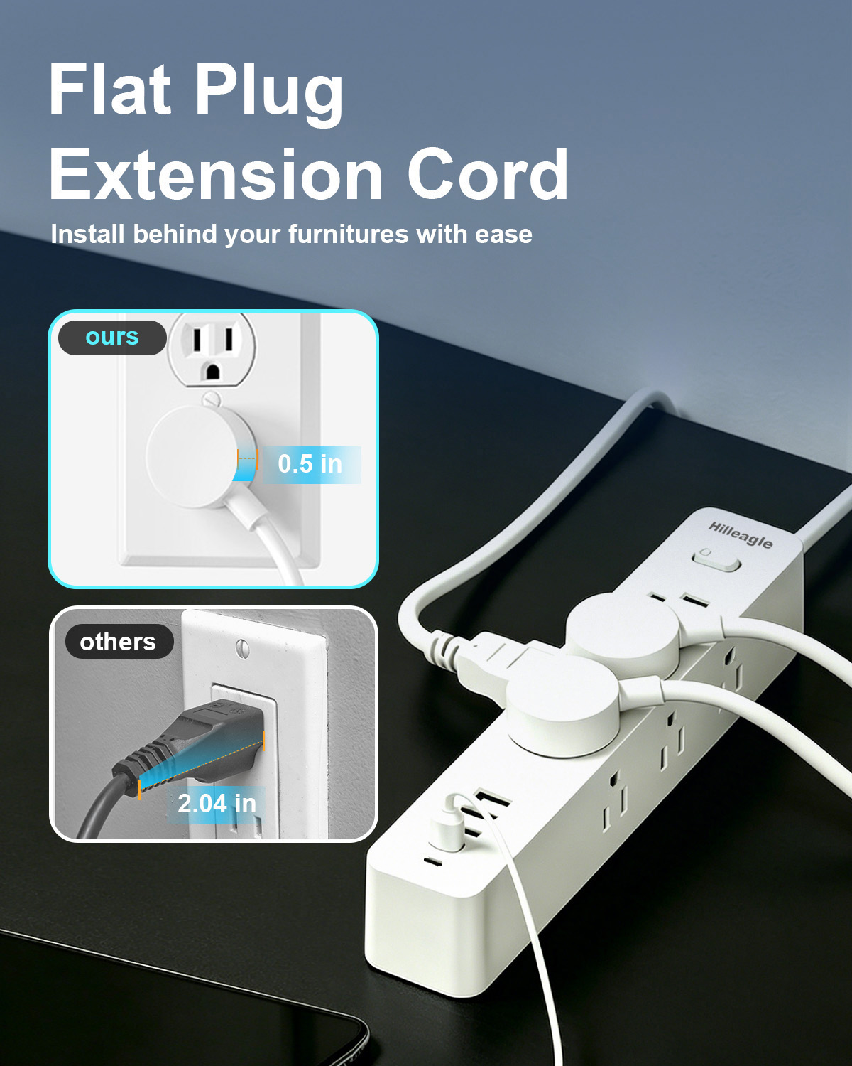 Hilleagle 14-in-1 Surge Protector Power Strip with USB Charging | White
