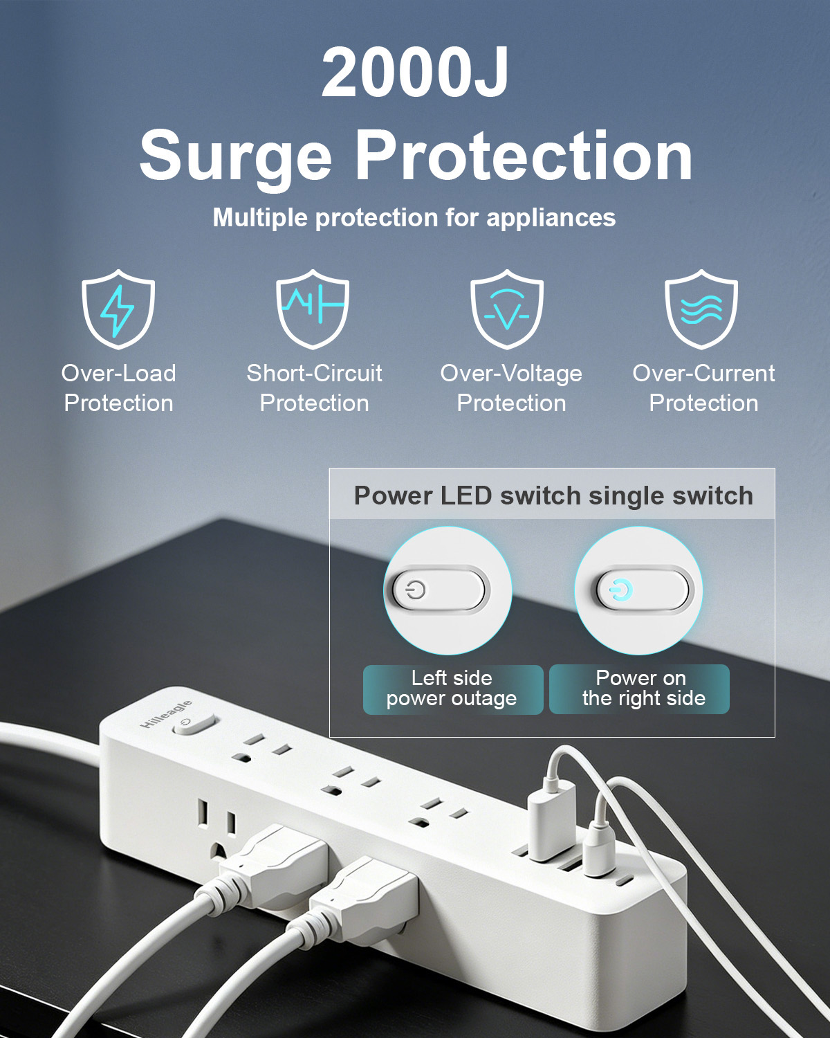 Hilleagle 14-in-1 Surge Protector Power Strip with USB Charging | White