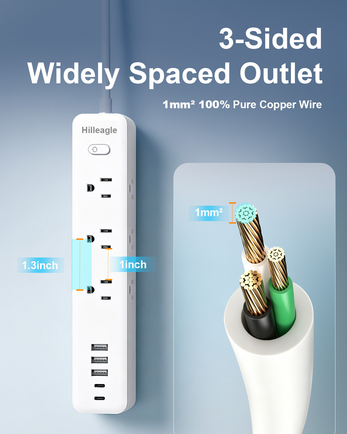 Hilleagle 14-in-1 Surge Protector Power Strip with USB Charging | White
