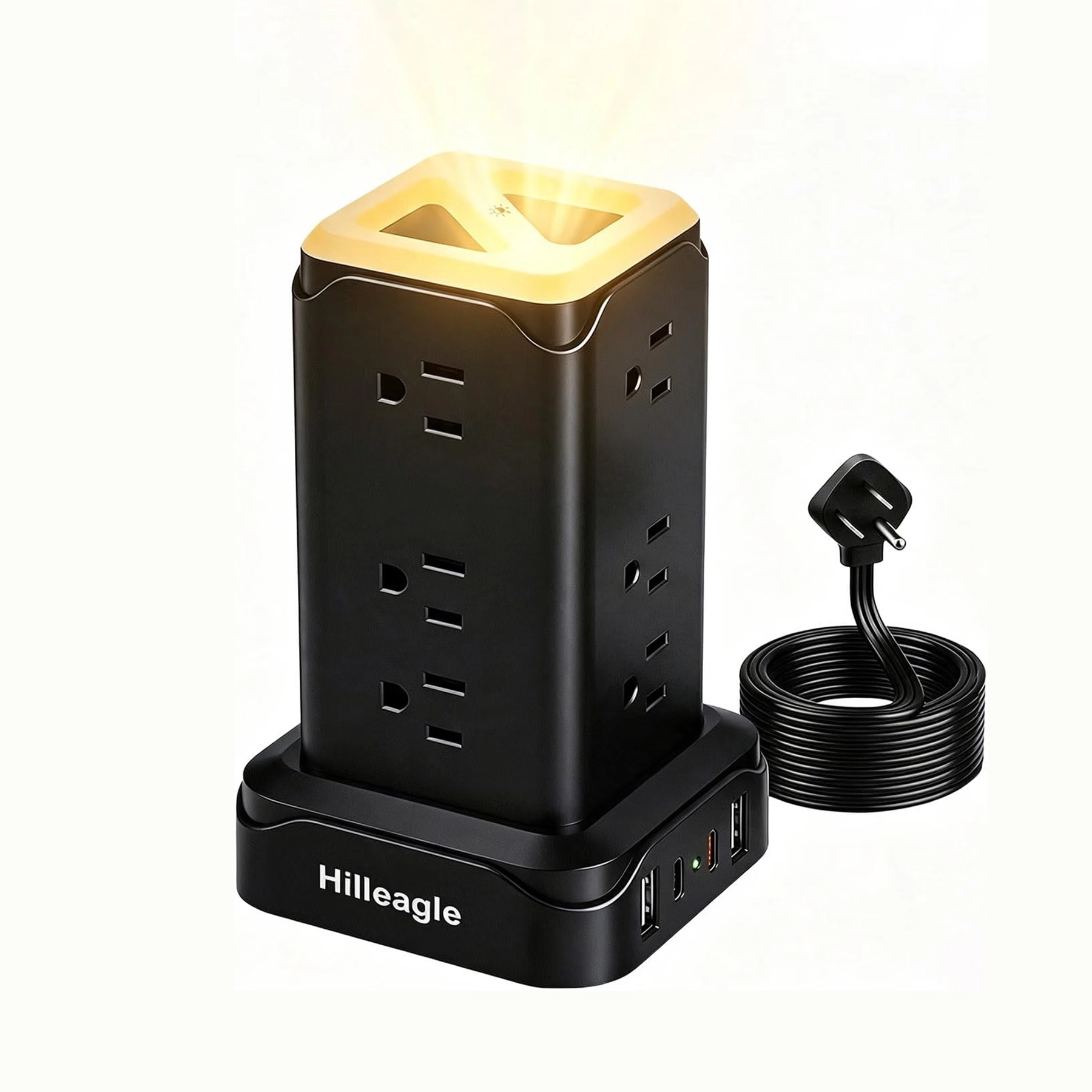 Hilleagle 16-in-1 Power Strip Tower with USB & LED Night Light | Black
