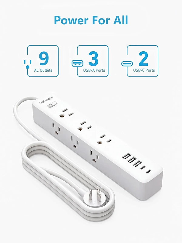 Hilleagle Power Strip with 1200J Surge Protector, 9 AC Outlets