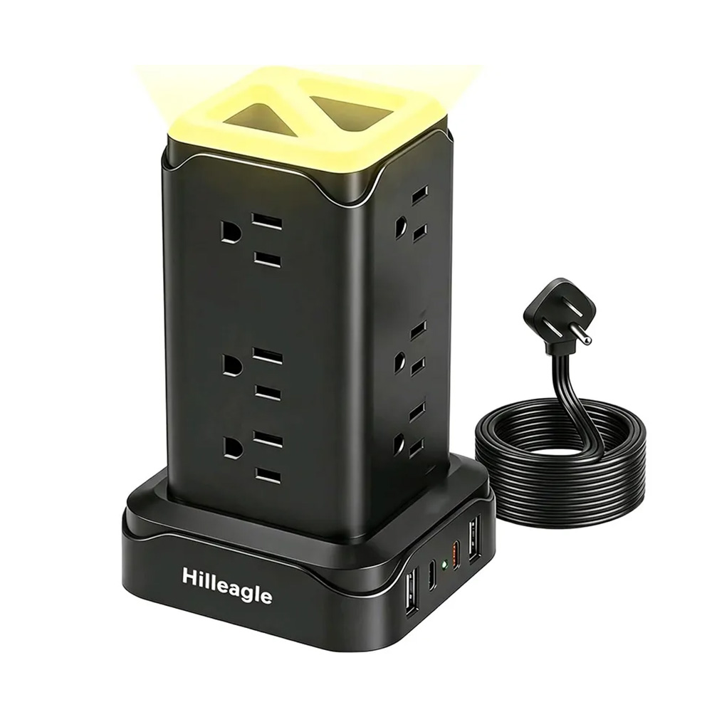 Hilleagle 16-in-1 Power Strip Tower | Smart Charging Station With LED Night Light | White