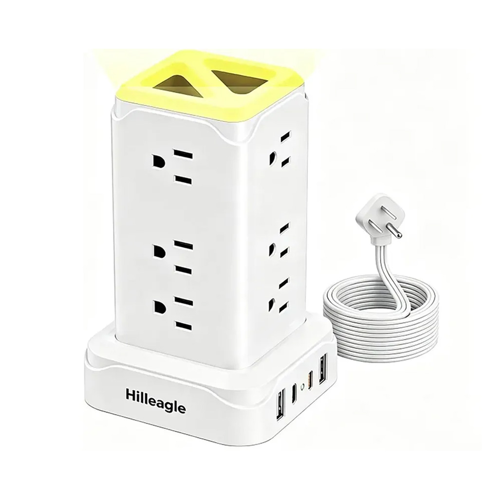 Hilleagle 16-in-1 Power Strip Tower | Smart Charging Station With LED Night Light | White