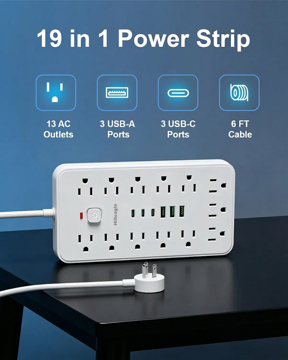 Hilleagle 19-in-1 Power Strip with 13 AC Outlets & 6 USB Ports, Surge Protector with 6ft Flat Plug Cable | White