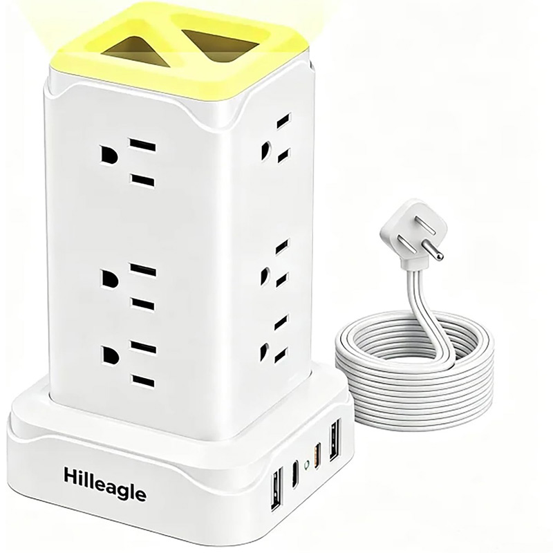 Hilleagle 16-in-1 Power Strip Tower | Smart Charging Station With LED Night Light