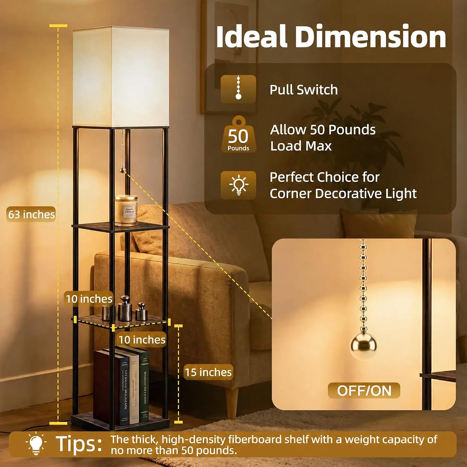 Hilleagle Floor Lamp with 3-Tier Shelves