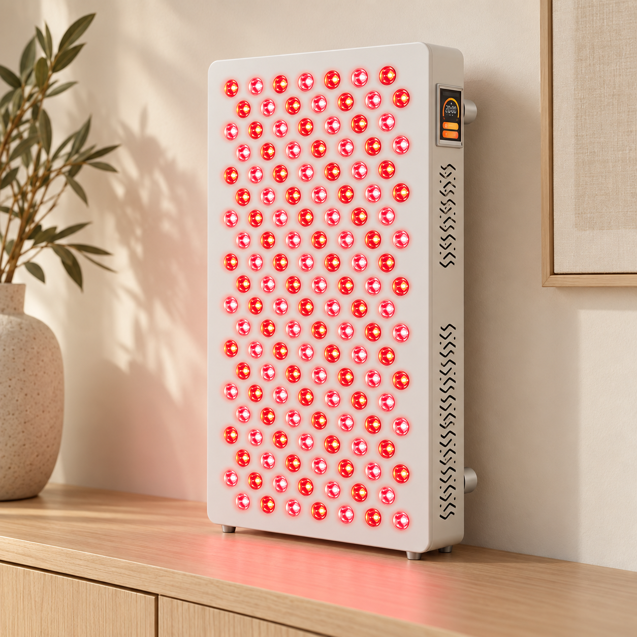 White T140 140-LED panel with its side touchscreen in a warm neutral home interior