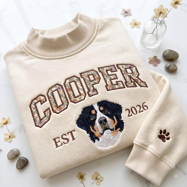 Custom Embroidered Pet Floral Appliqué Mockneck Sweatshirt