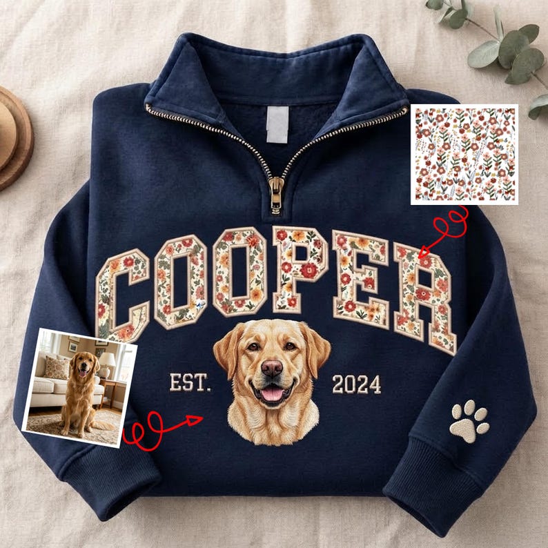 Custom Floral Appliqué Pet Quarter-Zip Sweatshirt