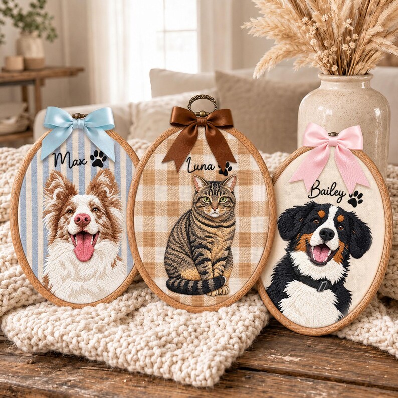 Custom Embroidered Pet Portrait Hoop Ornament