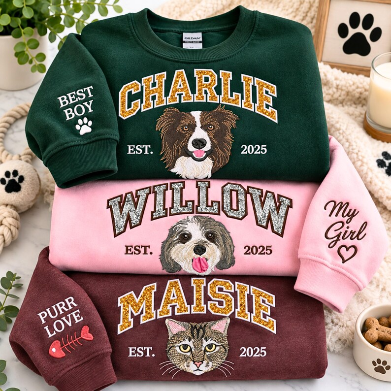 Custom Glitter Varsity Pet Portrait Sweatshirt