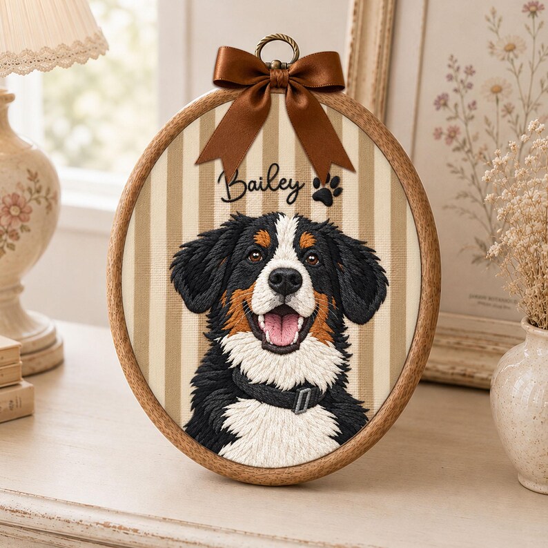 Custom Embroidered Pet Portrait Hoop Ornament
