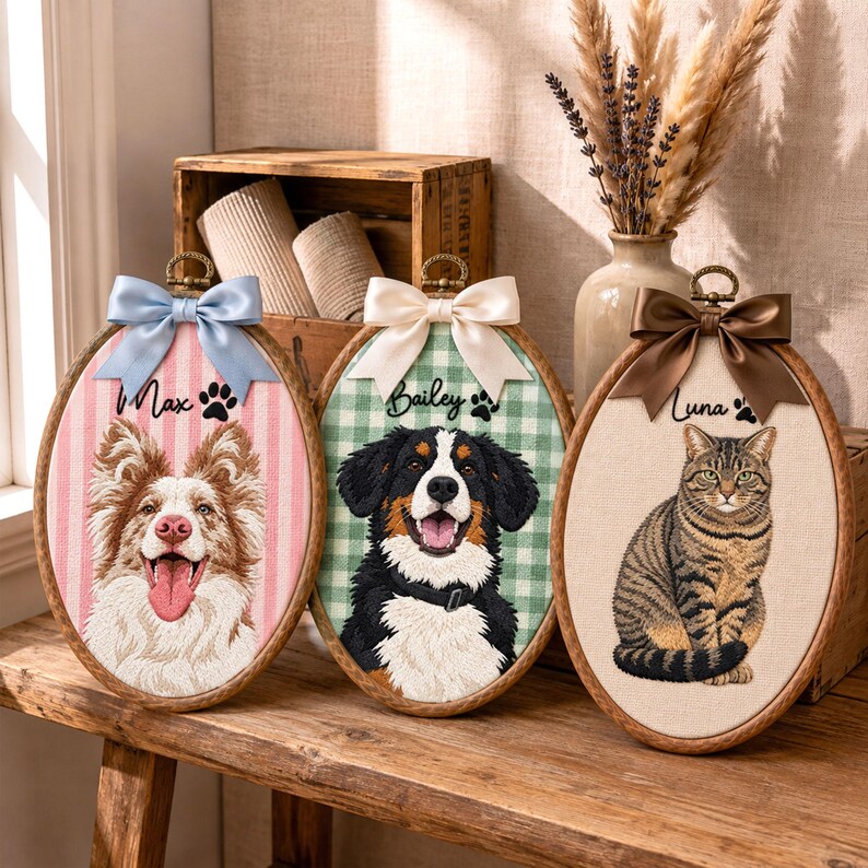 Custom Embroidered Pet Portrait Hoop Ornament