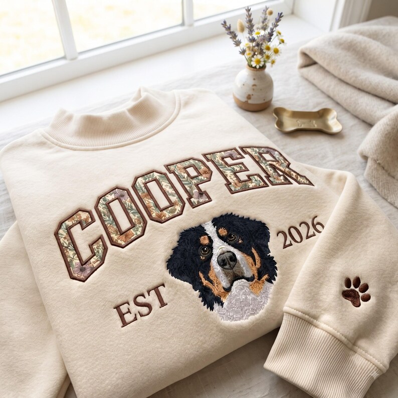 Custom Embroidered Pet Floral Appliqué Mockneck Sweatshirt