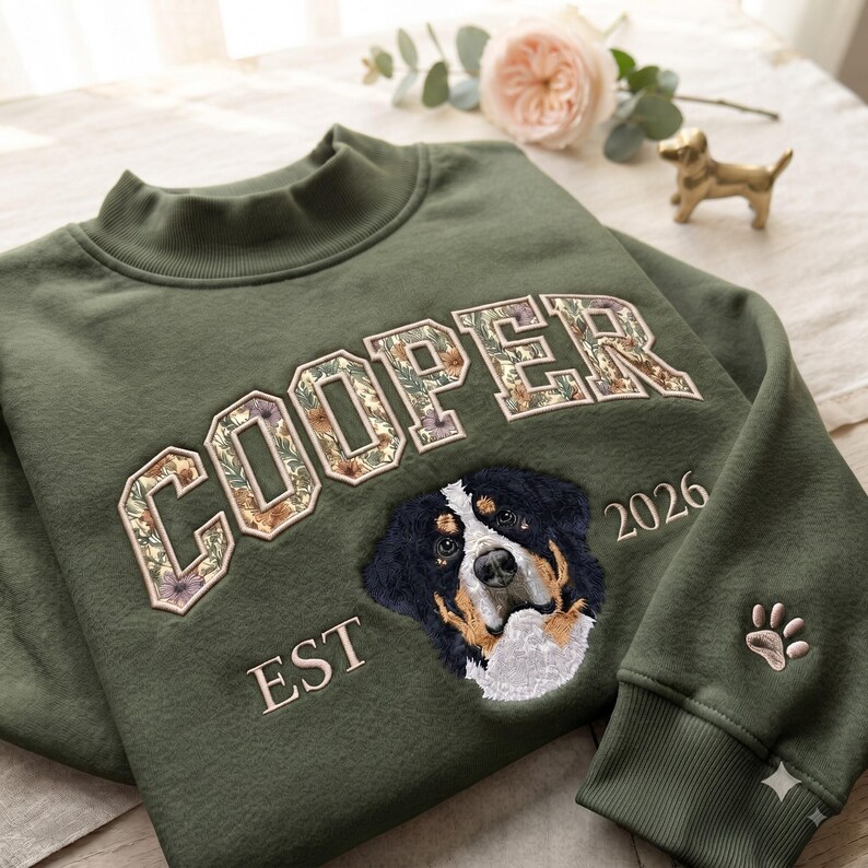 Custom Embroidered Pet Floral Appliqué Mockneck Sweatshirt