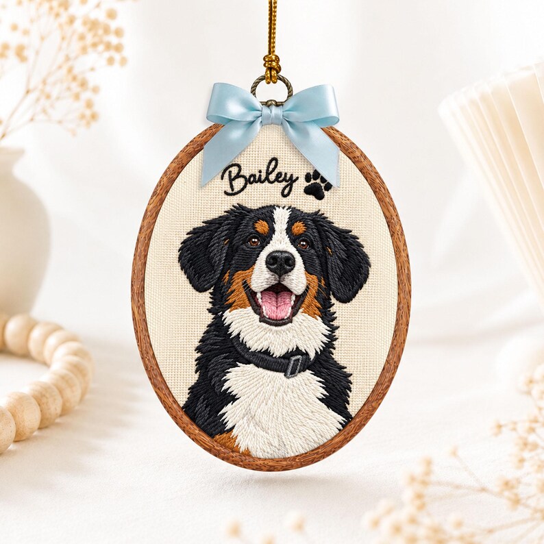 Custom Embroidered Pet Portrait Hoop Ornament