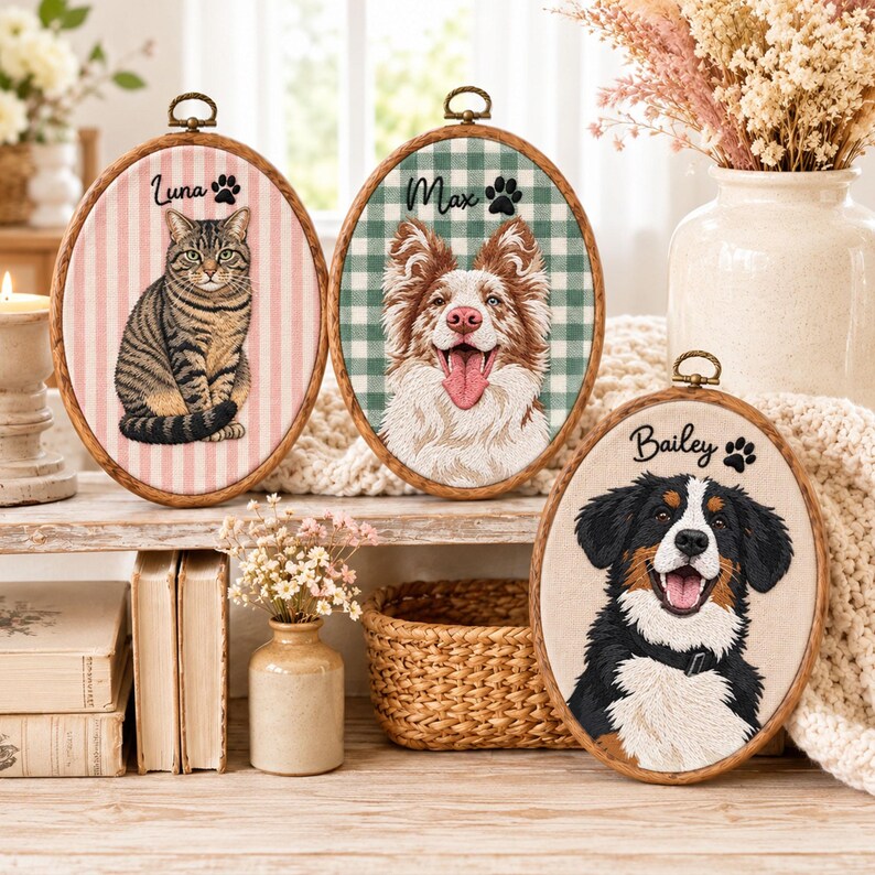 Custom Embroidered Pet Portrait Hoop Ornament