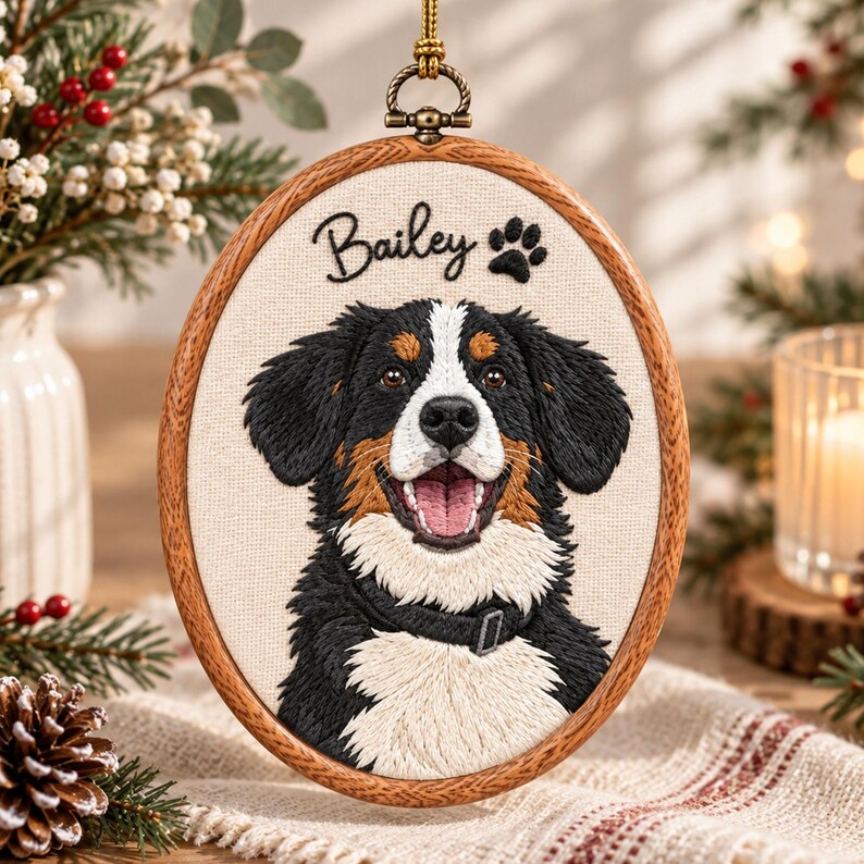 Custom Embroidered Pet Portrait Hoop Ornament