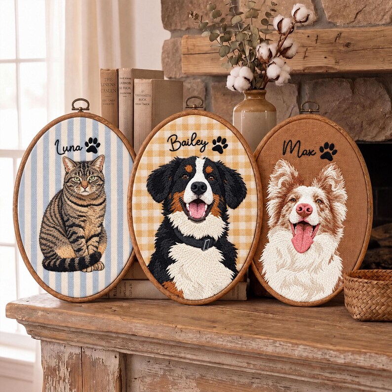 Custom Embroidered Pet Portrait Hoop Ornament