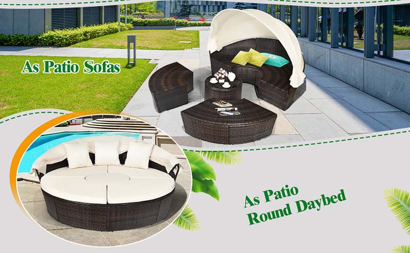 Eletriclife Patio Round Daybed Rattan Furniture Sets with Canopy