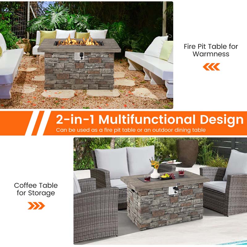 Eletriclife 43.5 Inch Rectangle Faux Stone Propane Gas Fire Pit Table with Lava Rock and PVC Cover