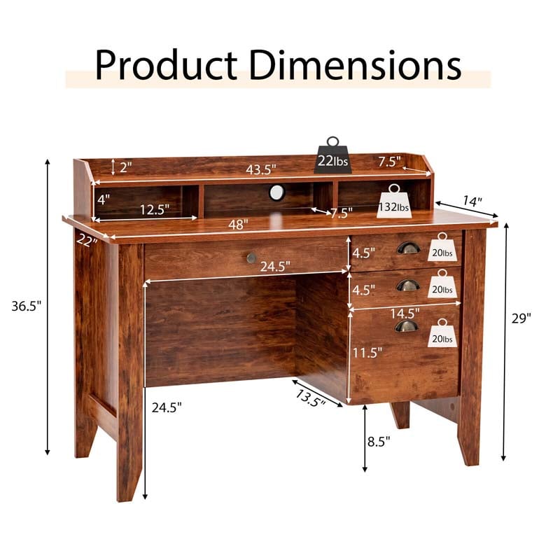 Eletriclife Vintage Computer Desk with Storage Shelves and 4 Drawers Rustic Brown