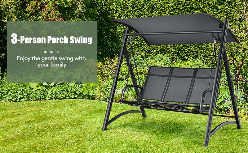 Eletriclife 3-Person Porch Swing Chair with Anti-rust Aluminum Frame and Adjustable Canopy
