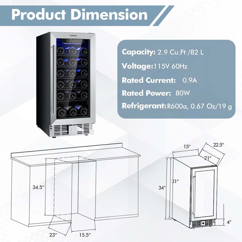 Eletriclife 15 Inch 30-Bottle Wine Cooler with Temperature Memory