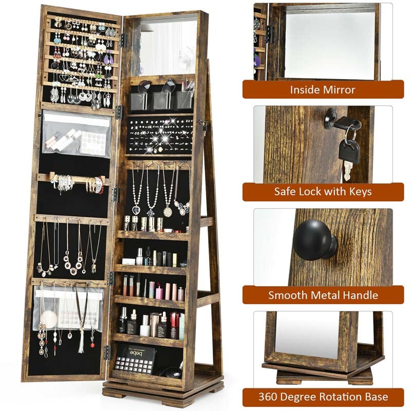 Eletriclife 360° Rotatable 2-in-1 Lockable Jewelry Cabinet with Full-Length Mirror