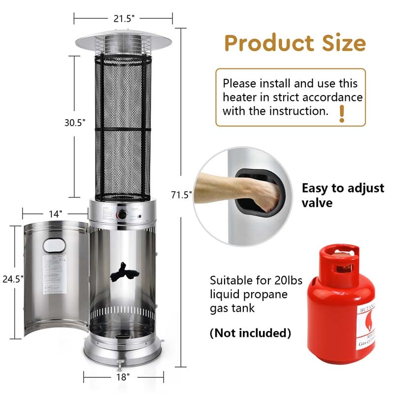Eletriclife 34000 BTU Stainless Steel Standing Round Glass Tube Propane Patio Heater