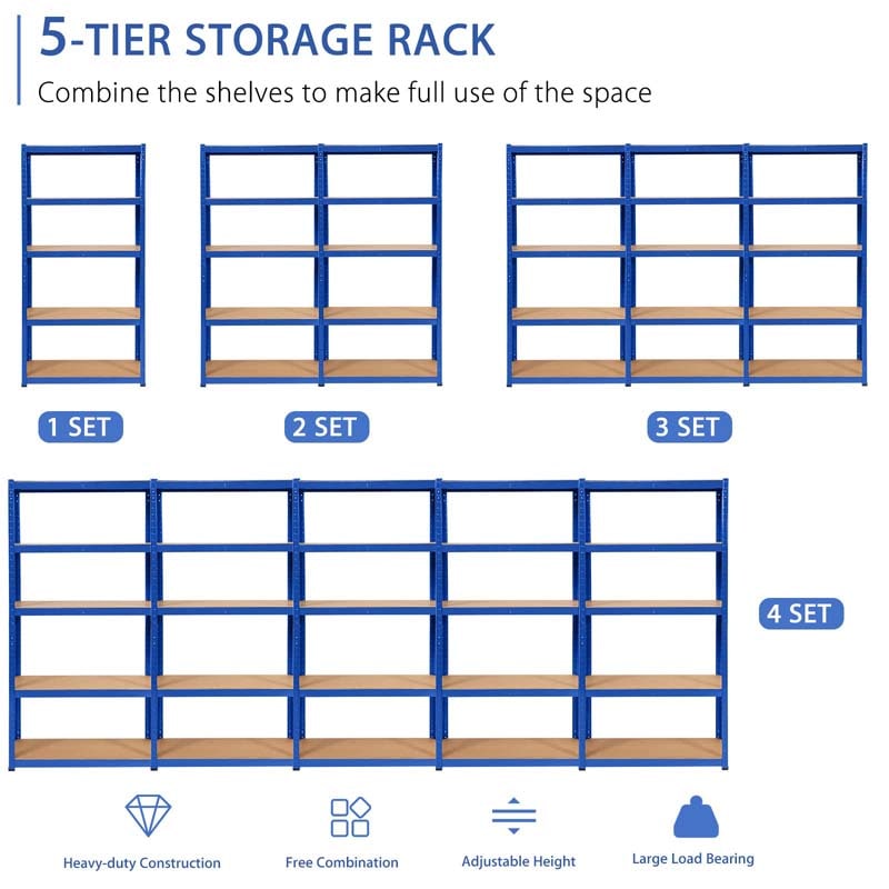 Eletriclife 60 Inches Bolt-Free Heavy Duty Metal 5-Tier Garage Shelving Unit Blue