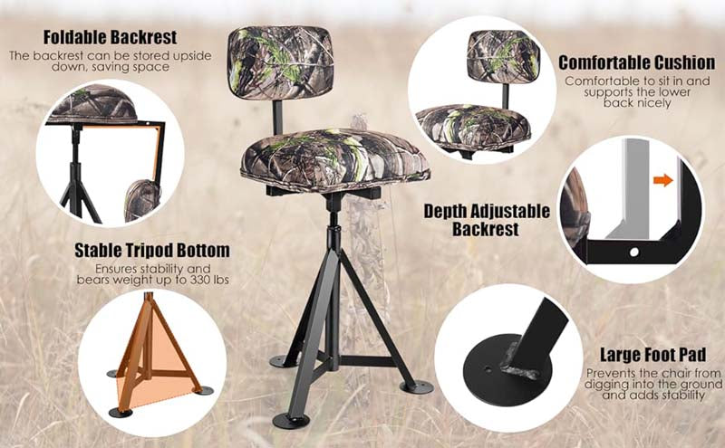 Eletriclife Swivel Hunting Chair Tripod Blind Stool with Detachable Backrest