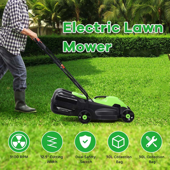 Eletriclife 12.5 Inch Corded Push Lawn Mower with 30L Grass Bag