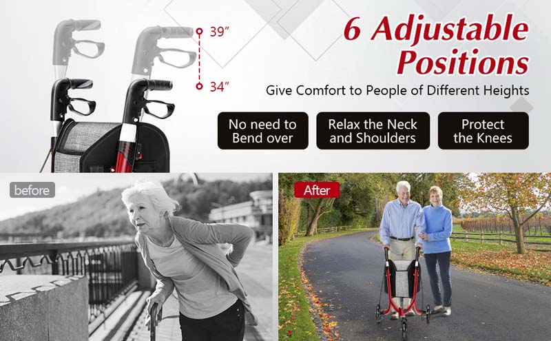 Eletriclife 3-Wheel Rolling Walker with Adjustable Handle Red