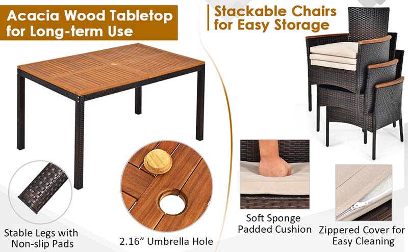 Eletriclife 7 Pieces Patio Rattan Dining Set with Armrest Cushioned Chair and Wooden Tabletop